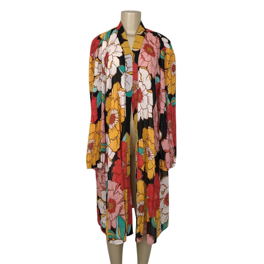 DR2 Floral Print Kimono Duster Cardigan Size M/L Long Balloon Sleeve Boho Artsy